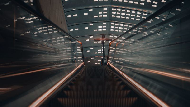 escalator, stairs, ceiling, design, 4k