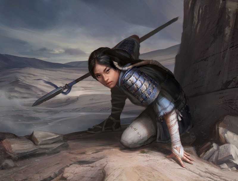 spear, Asian, artwork, fantasy girl, fantasy art