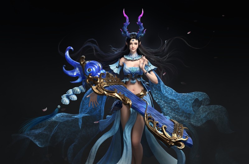 Asian, artwork, fantasy art, fantasy girl, dark hair, long hair, horns, frontal view