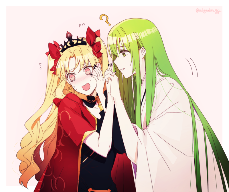 Fate Series, FGO, Fate/Grand Order, anime boys, anime girls, long hair, small boobs, 2D, twintails, blushing, embarrassed, crown, smiling, open mouth, red ribbons, hand on face, Enkidu (FGO), Ereshkigal (Fate/Grand Order), red eyes, green eyes, green hair, blond hair, simple background, fan art, black nails, anime