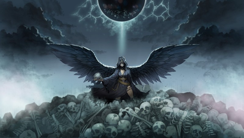 fantasy art, artwork, fantasy girl, wings, skull, bones, frontal view