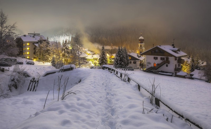 winter, cold, Italy, evening, snow, lights