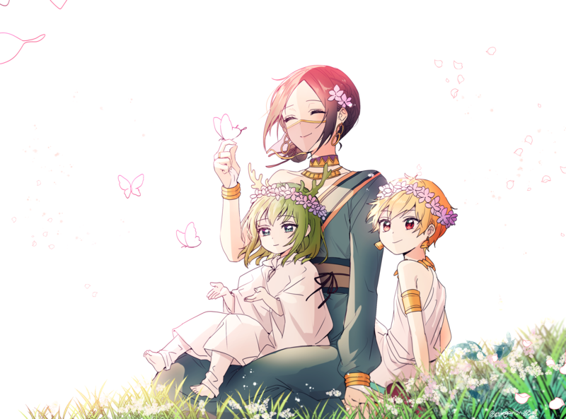 Fate Series, FGO, Fate/Grand Order, anime boys, anime girls, long hair, short hair, small boobs, 2D, veils, green dress, gold bracelet, smiling, closed eyes, Enkidu (FGO), Gilgamesh, Siduri (FGO), red eyes, green eyes, green hair, blond hair, brunette, fan art, braided hair, butterflies, flower crown, anime