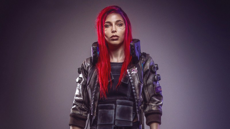 digital art, Cyberpunk 2077, women, redhead, frontal view, cyberpunk, cosplay