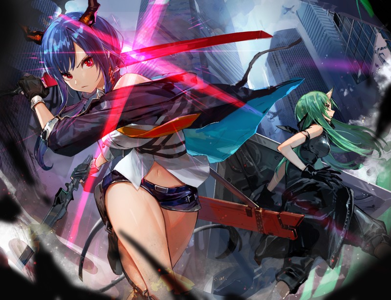 Chen (arknights), Hoshiguma (Arknights), short hair, red eyes, horns, blue hair, sword, shorts, thighs, green hair, long hair, city, building, anime, Arknights