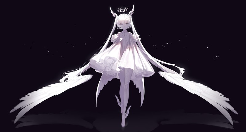 Hatsune Miku, crown, long hair, twintails, wings, anime, frontal view
