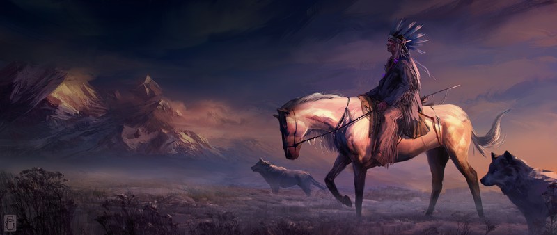 artwork, digital art, fantasy art, mountains, Native Americans, horseman, wolf