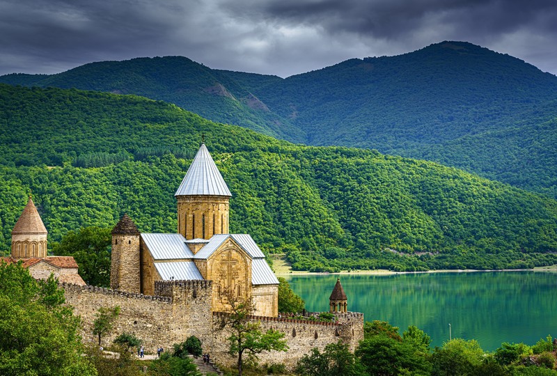 landscape, lake, castle, water, trees, forest, mountains, sky, clouds, Georgia (country)