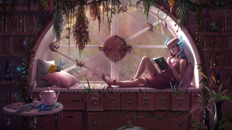artwork, Jenny Brozek, birds, window, women, flowers, books