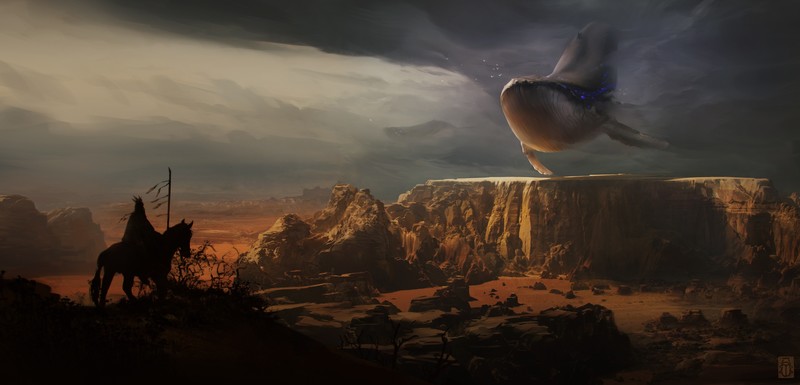 artwork, digital art, fantasy art, desert, whale, Native Americans, surreal
