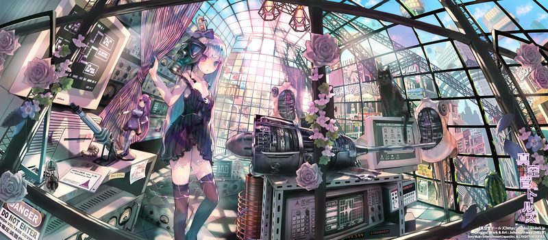 anime girls, JohnHathway, anime, colorful, stockings, interior, cats, flowers, laboratories