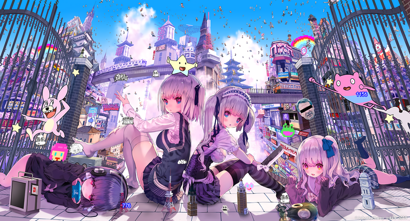 anime girls, JohnHathway, anime, colorful, cityscape, stockings, pink hair