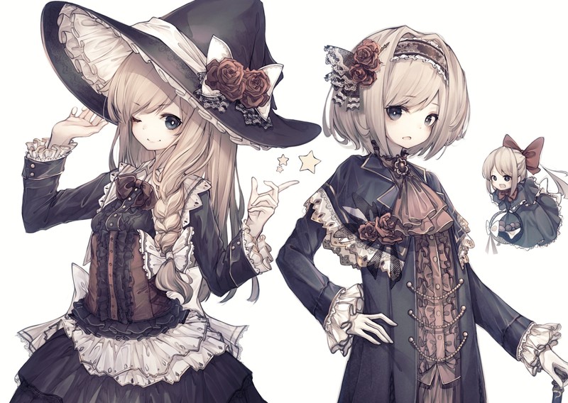 anime, anime girls, witch, witch hat, blonde, flowers, rose, dress, black dress