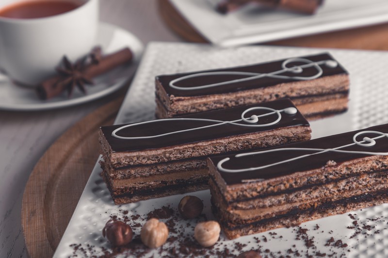 food, chocolate cake, cake, nuts, depth of field