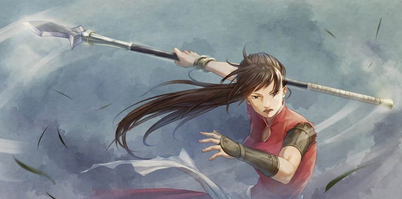 Seirei no Moribito, anime girls, 2D, female warrior, spear, long hair, big boobs, black hair, muscular, biceps, ponytail, Balsa (Seirei no Moribito), kimono, qipao, brown eyes, fan art, open mouth