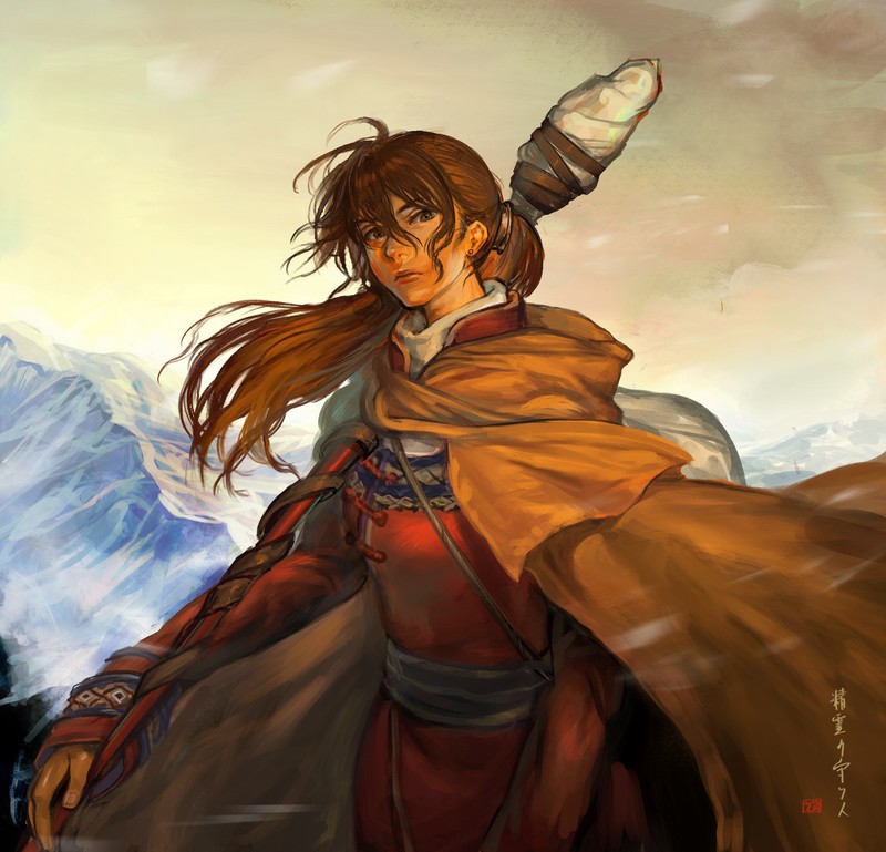 Seirei no Moribito, anime girls, 2D, female warrior, spear, long hair, big boobs, ponytail, Balsa (Seirei no Moribito), kimono, White Mountains, messy hair, looking at viewer, brown eyes, sunset, fan art