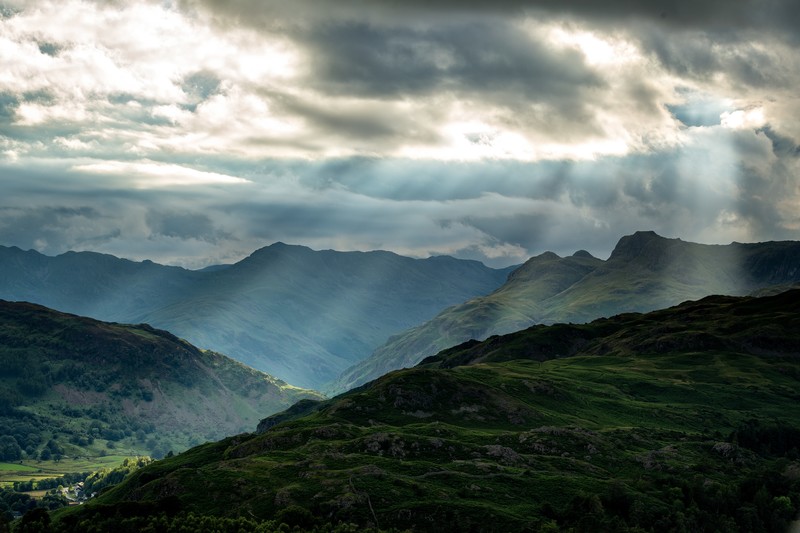 mountains, peak, sun rays, clouds, landscape, England, Loughrigg Fell