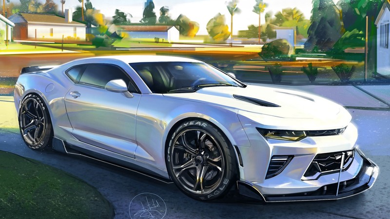 car, sketches, digital art, artwork, Chevrolet Camaro, white cars, sports car, Aleksandr Sidelnikov