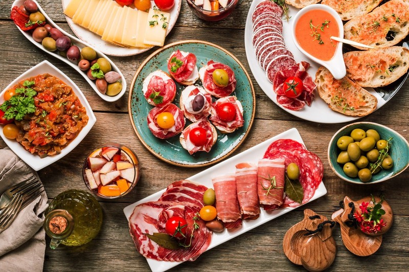 food, meat, sausage, cheese, tomatoes, wooden surface, top view