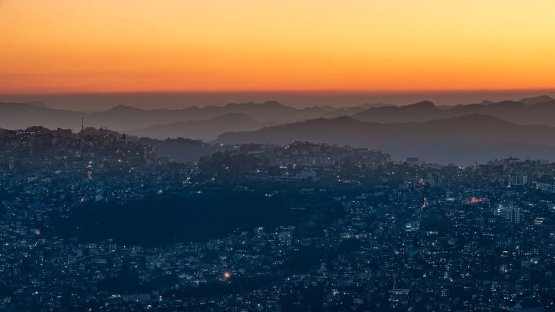 night city, aerial view, sunset, sky, fog, 4k