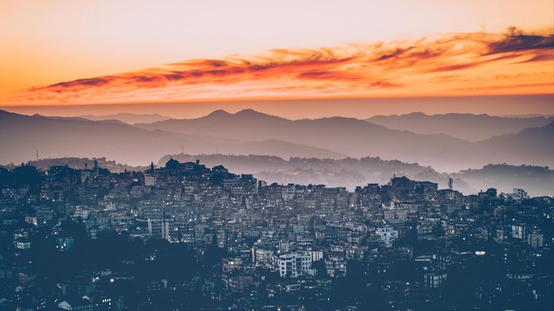 city, aerial view, sunset, fog, sky, 4k