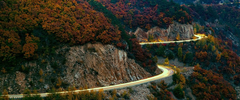 road, light trails, long exposure, landscape