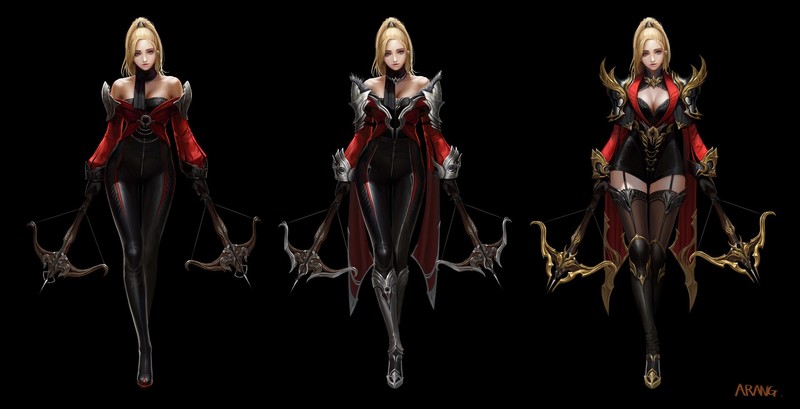 TaeKwon Kim, drawing, women, blonde, long hair, ponytail, Demon Hunter (Diablo), crossbows, armor, bodysuit, scarf, simple background, black background, frontal view