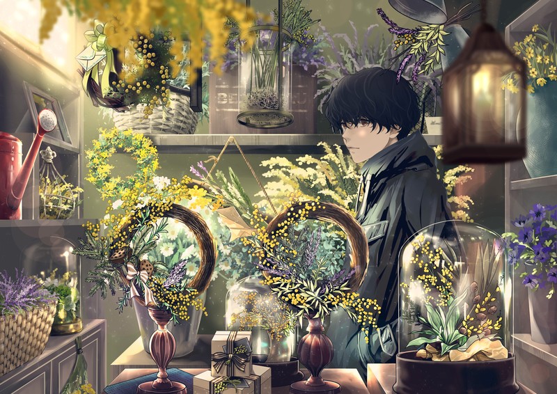 anime, anime boys, flowers, standing, lantern, indoors, vase, MacaronK