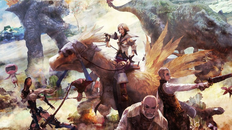 Final Fantasy XII, video game art, artwork, video game characters, video games, Square Enix, JRPGs, fantasy art, Ashe, balthier, fran, Chocobo, creature, viera, riding on back, dinosaurs
