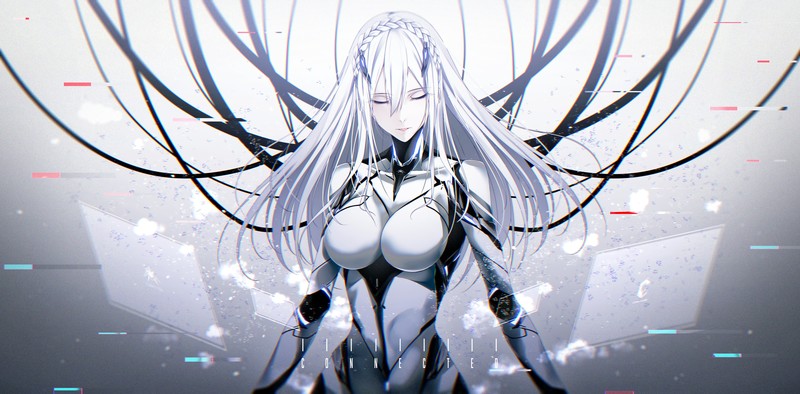 original characters, long hair, silver hair, braids, mecha girls, futuristic, futuristic armor, closed eyes, glitch art, bodysuit, wires, sparks
