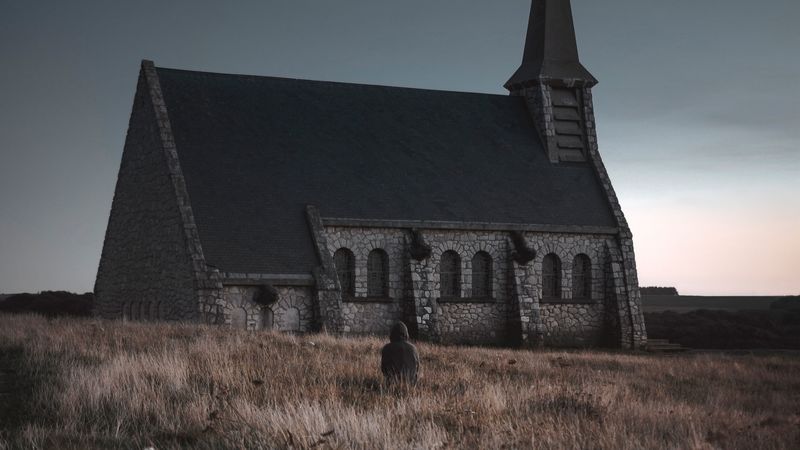temple, field, silhouette, loneliness, melancholy, 4k