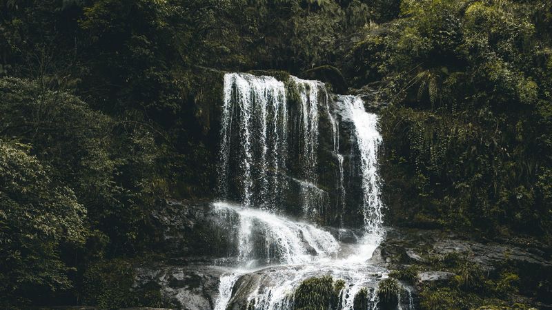 waterfall, stones, flow, water, moss, vegetation, 4k