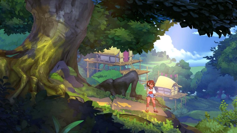 Indivisible, video game art, artwork, video game characters, Ajna, Lab Zero Games, screen shot, village, trees, Root, fantasy art, RPG, video games