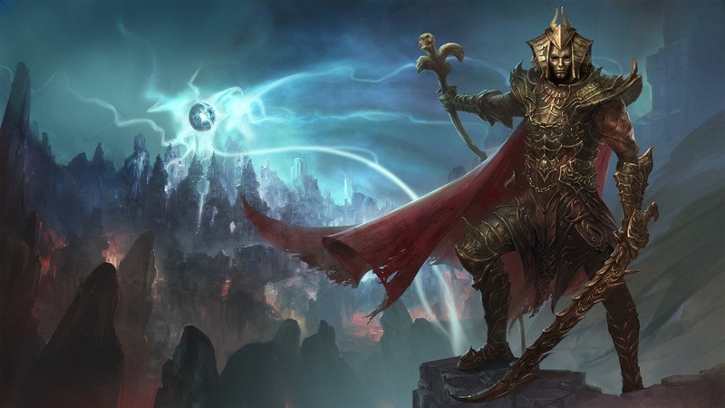 Divinity: Original Sin 2, video game art, artwork, digital art, video game characters, RPG, Fane, armor, helmet, sword, Wand, mountains, city, fantasy art, Larian studios, video games