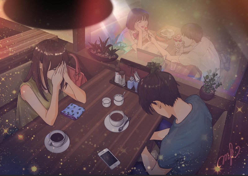 anime, couple, cafe, sadness, eating, sitting, restaurant, anime girls, anime boys, cup, smartphone, MacaronK, high angle