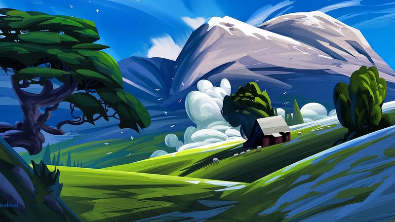 house, mountains, art, landscape, paint, 4k