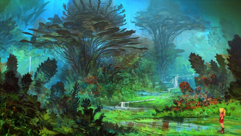 Chrono Cross, video game art, artwork, video game characters, feng zhu, landscape, RPG, fantasy art, Kid (Character), plants, river, standing, video games, squaresoft, JRPGs