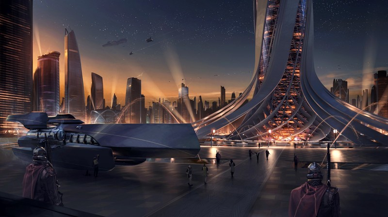 Aurelien Rantet, Amplitude Studios, Endless Space 2, science fiction, artwork, video game art, digital art, cityscape, spaceship, night sky, tower, building, futuristic city, futuristic
