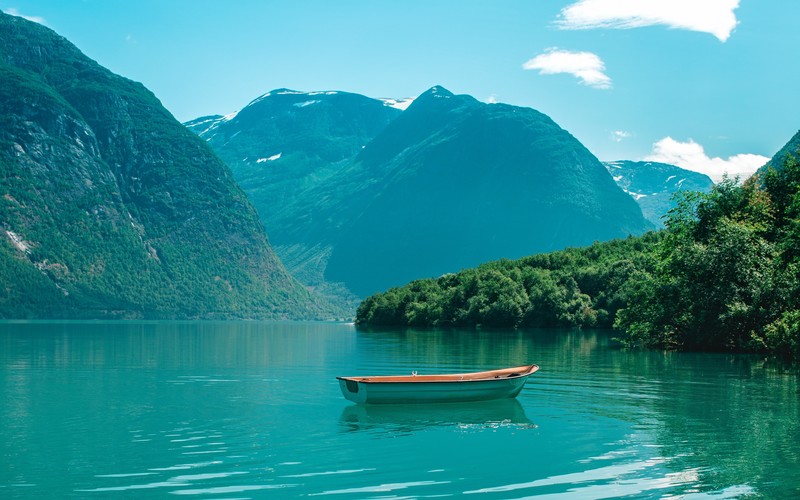 boat, mountains, lake, water, horizon, peaceful