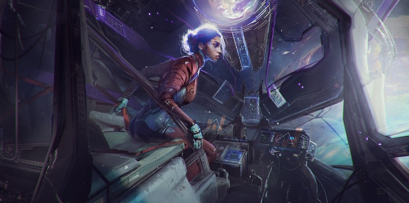 Magdalena Radziej, digital art, science fiction, spaceship, cockpit, profile, space suit, women, sitting, pilot, space, gloves, tattoo, alone