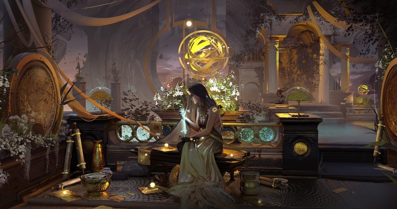 Magdalena Radziej, digital art, fantasy art, fantasy girl, sitting, scrolls, indoors, sphere, gold, profile, fantasy architecture, dress