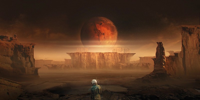 Magdalena Radziej, digital art, science fiction, standing, mountains, alone, spacesuit, helmet, stars, dirt, red, planet