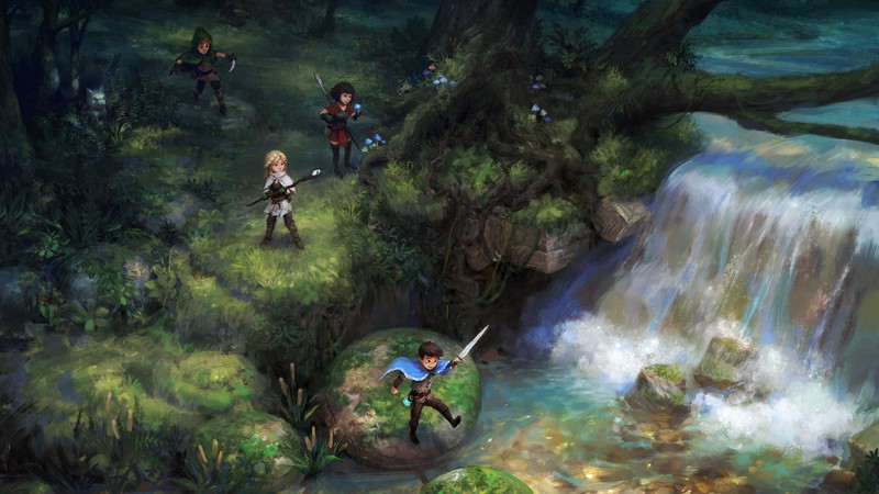Jonathan Tiong, fantasy art, artwork, digital art, forest, waterfall, adventurers, children, sword, Wand, spear, dagger, trees, stone, river, reed, mushroom