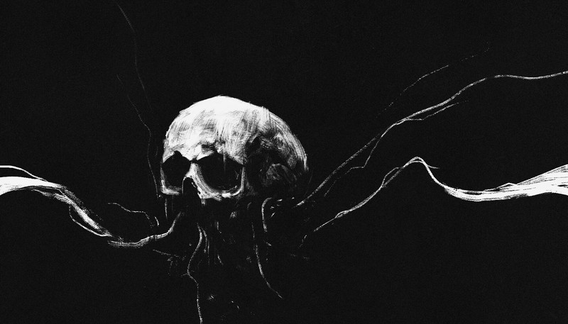 dark, dark background, skull, surreal, creature, digital, monochrome, painting, Larry Southberg