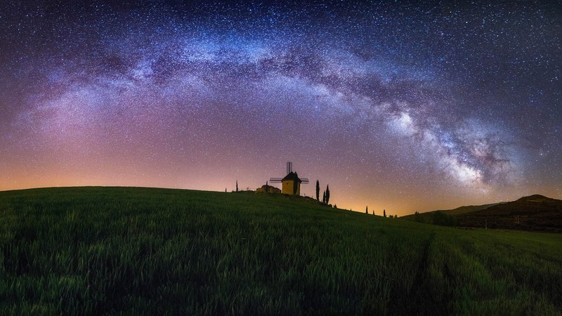 landscape, Milky Way, stars, grass, sky, windmill