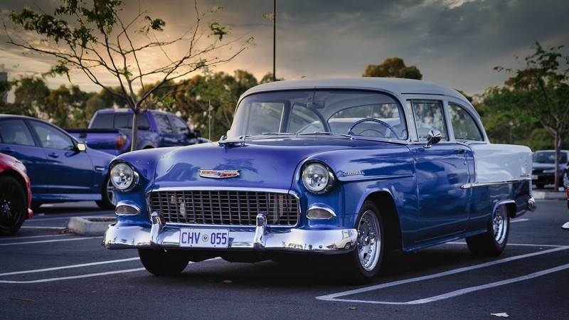 1955 Chevrolet Bel Air, Chevrolet, Chevy, classic car, blue cars, Vintage car, car park, sunset, car, vehicle, chrome, trees, outdoors
