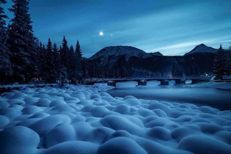 landscape, mountains, sky, water, trees, snow, winter
