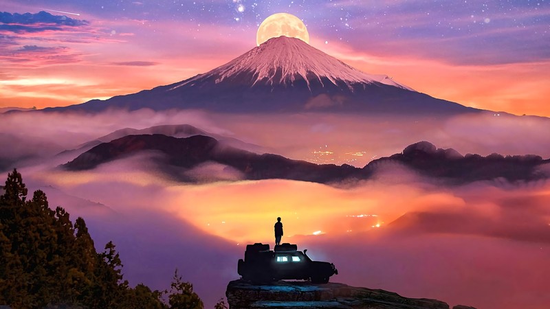 artwork, digital, stars, Mount Fuji, Moon, clouds, neon glow, mist