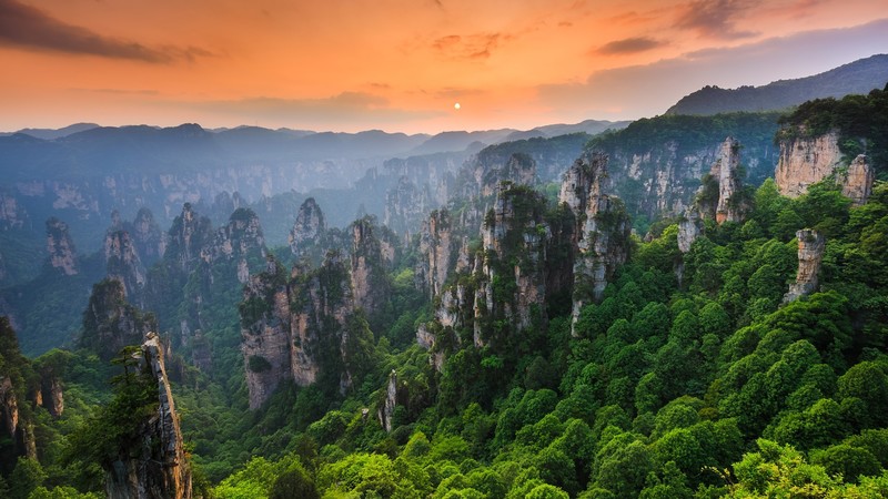 nature, landscape, Sun, sunset, mountains, trees, forest, rock formation, clouds, sky, Zhangjiajie National Park, Hunan, China