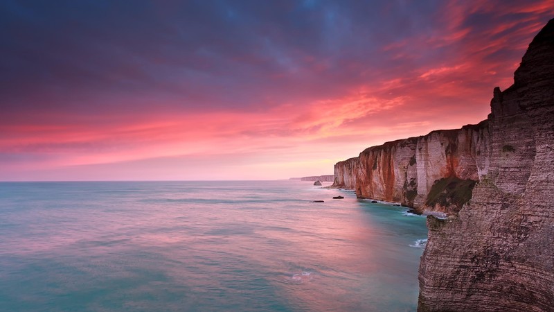 nature, landscape, horizon, mountains, water, waves, clouds, sky, sunrise, Étretat, France